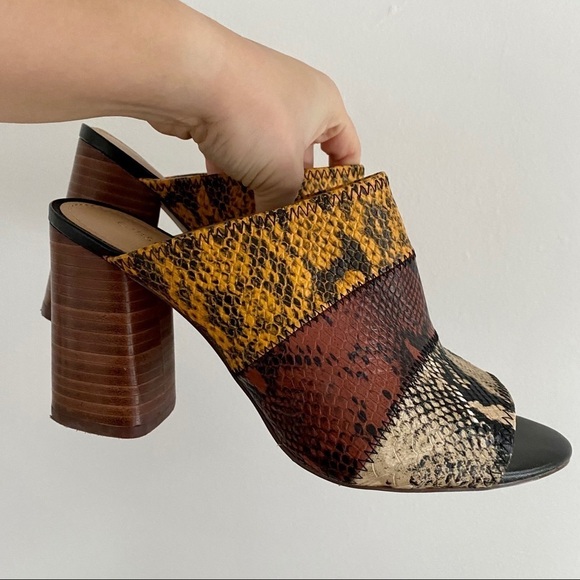 Gibson Latimer Brown Leather Peep Toe Snake Mules - Picture 2 of 8